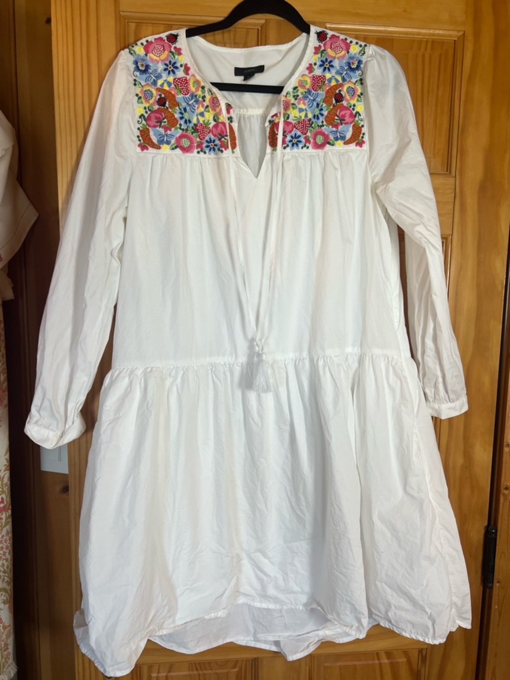White J. Crew Peasant Dress with Colorful Floral Embroidered Yoke